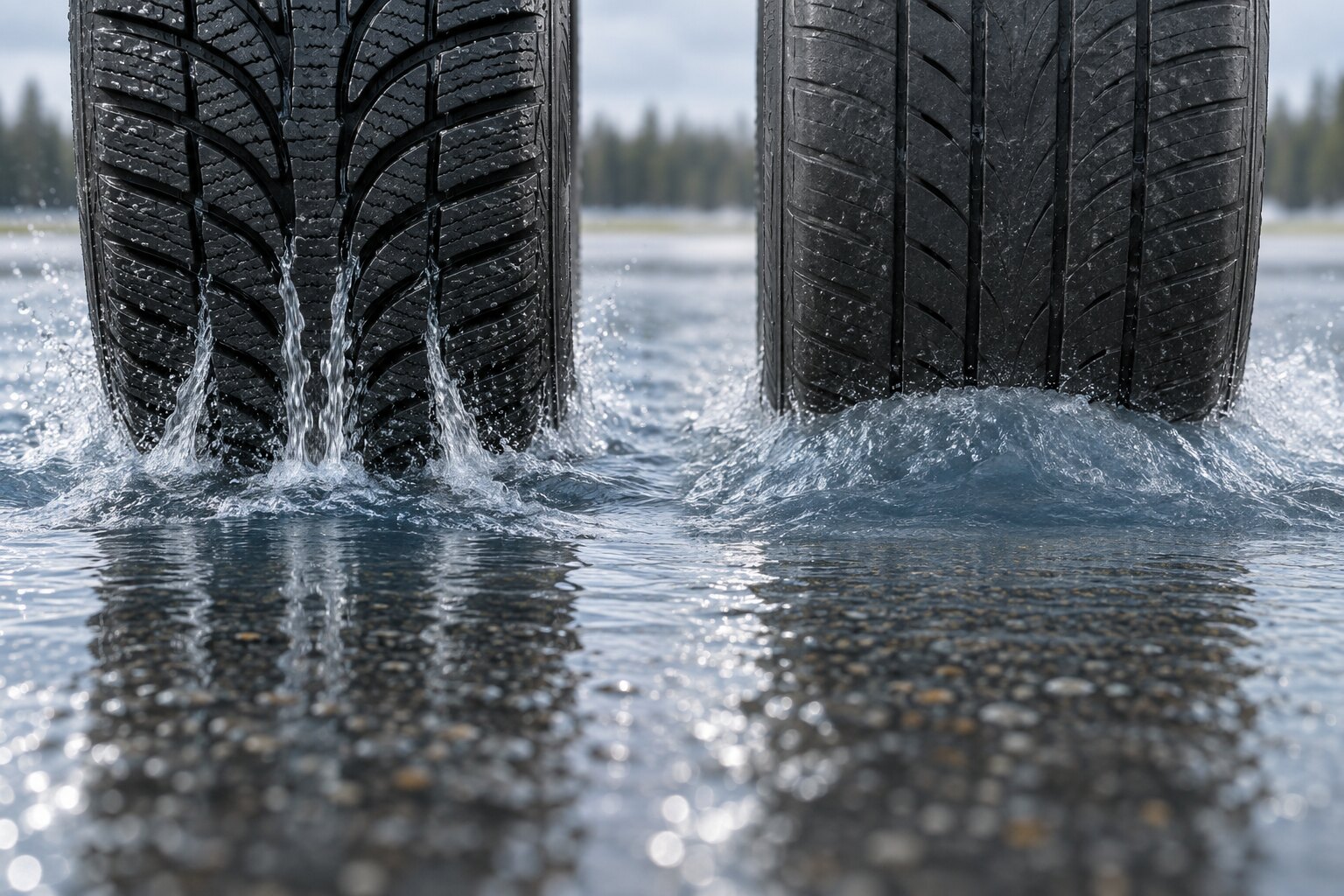 Tiefes und flaches Reifenprofil bewegt sich nebeneinander durch stehendes Wasser